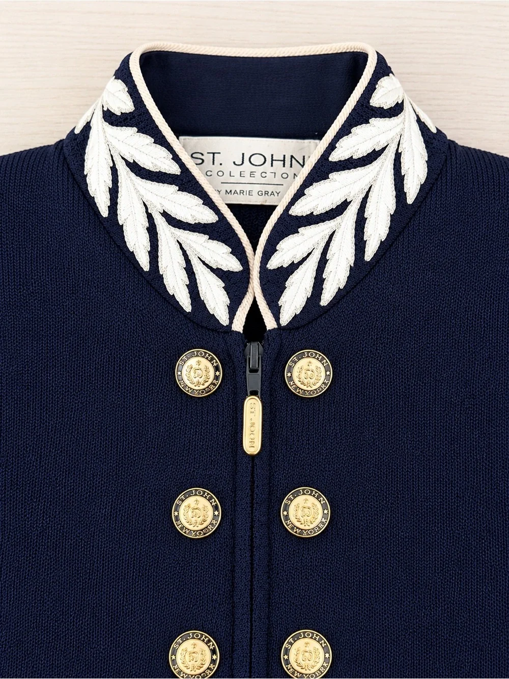 St. John Marie Gray Santana Knit Jacket Navy Embroidered Collar Gold Buttons S - Picture 1 of 12